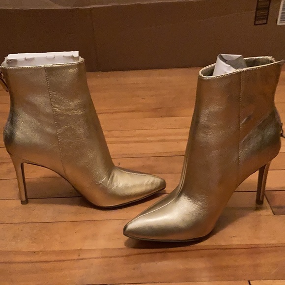 Aqua Pointed Toe Gold Leather Ankle Booties - Picture 8 of 10